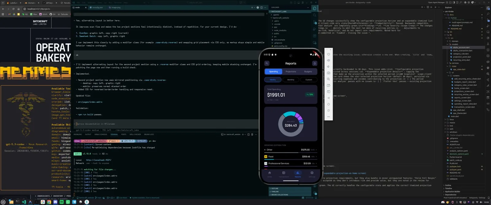 A wide desktop with several terminals, agent sessions and a phone preview open side by side