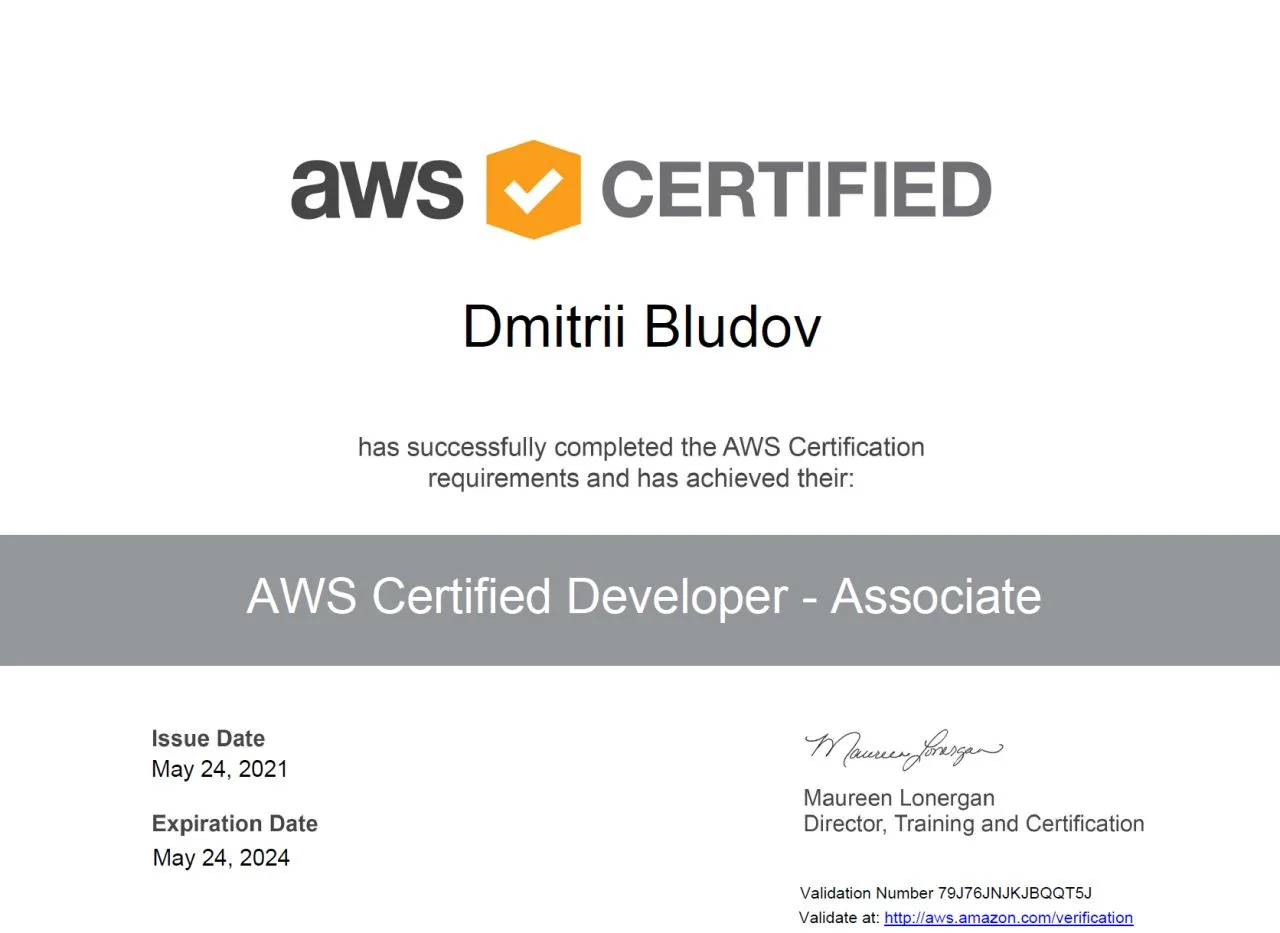 AWS Certified Developer – Associate certificate issued to Dmitrii Bludov in May 2021