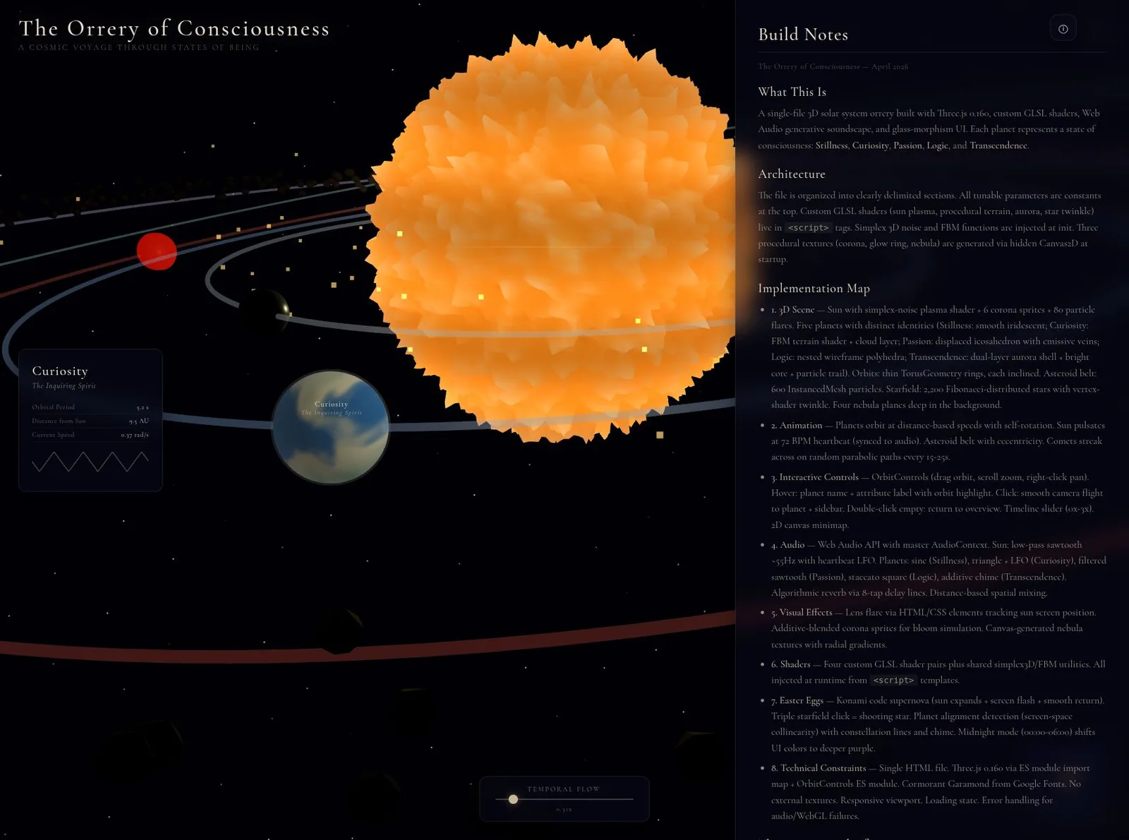 DeepSeek v4’s one-shot page, “The Orrery of Consciousness”: a glowing sun with orbiting planets beside build notes