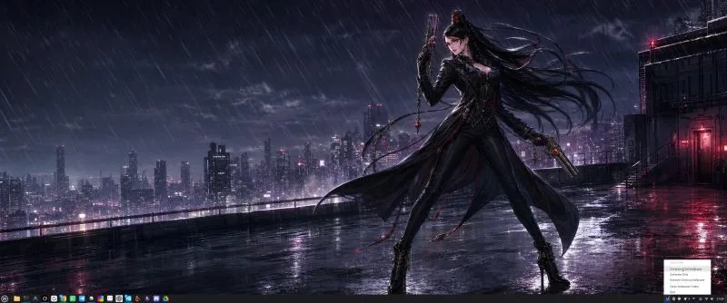 A generated wallpaper on the desktop: a woman in a long black coat holding pistols on a rainy rooftop above a neon city, with the tray app’s menu open in the corner