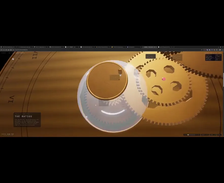 Kimi K3's one-shot showcase: a procedural brass gear train computing the solar system.