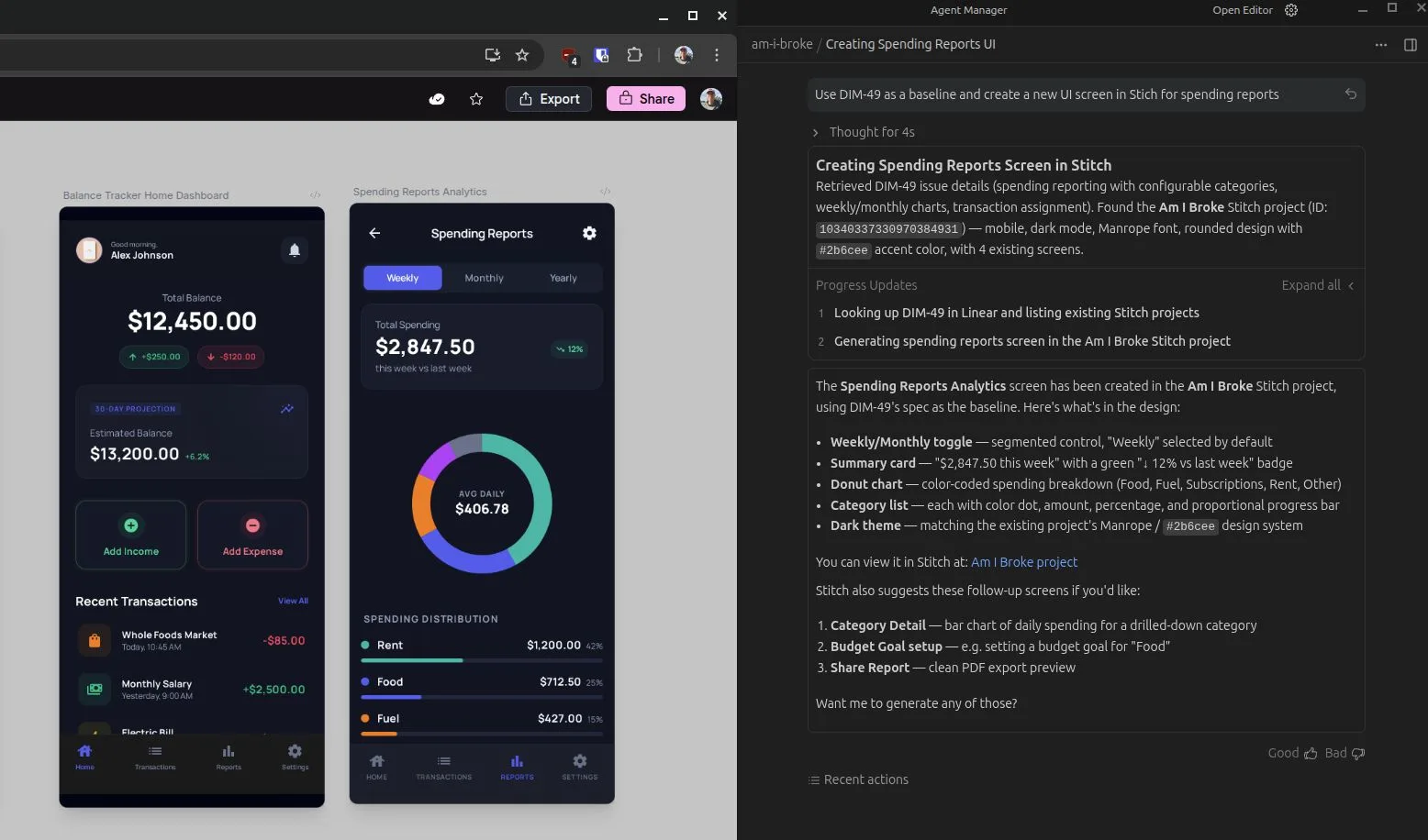 Stitch-generated screens for a personal finance app next to the Antigravity agent chat