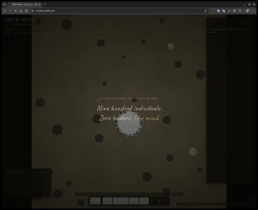 Glowing pheromone trails radiating from an ant nest across dark soil in Ox Alpha's Hive Mind simulation.