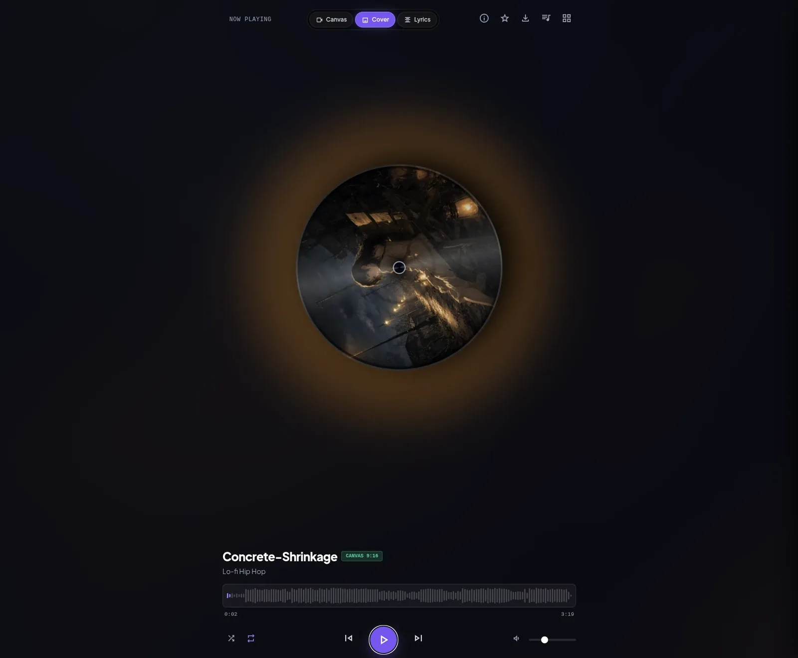 The AI Music player's Now Playing view: the cover of Concrete-Shrinkage, a lo-fi hip hop track, spinning like a record above its waveform and playback controls.