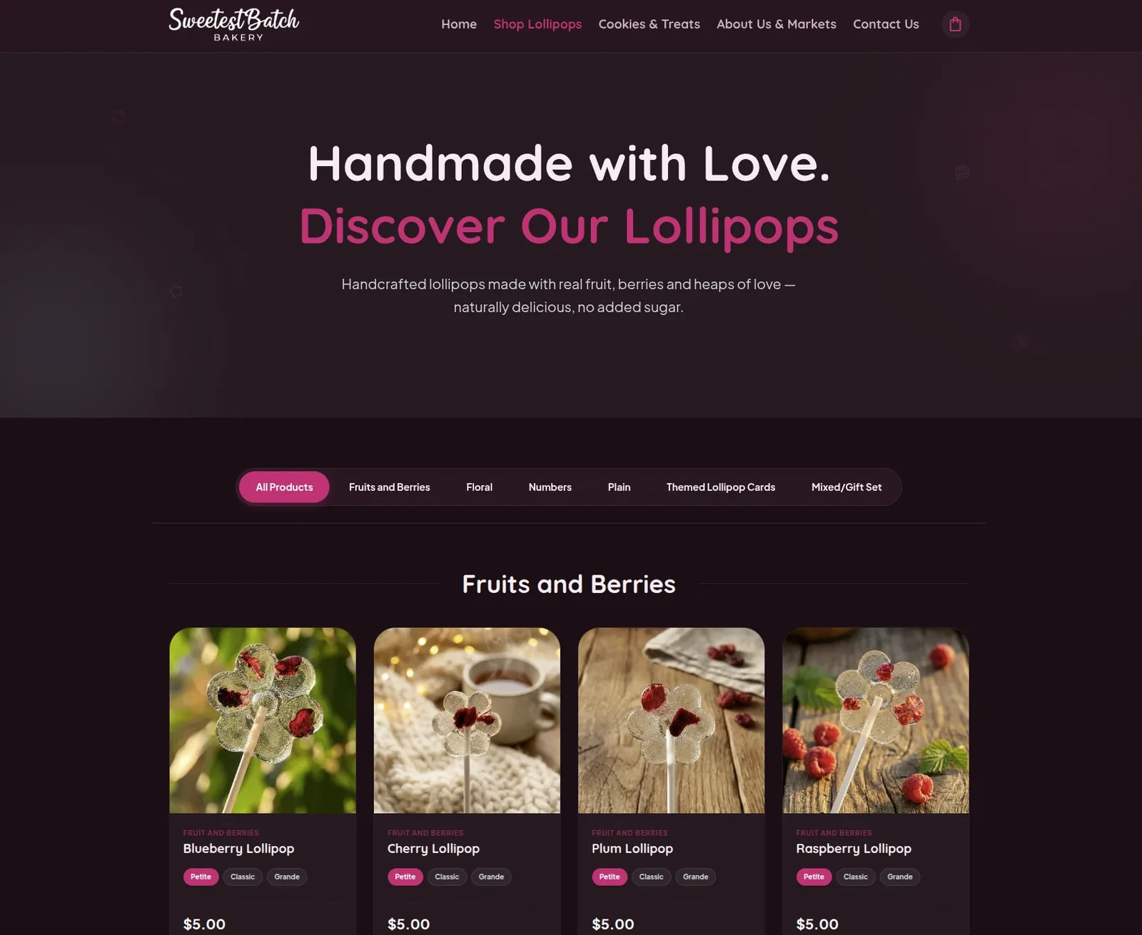 The Sweetest Batch lollipop shop: “Handmade with Love. Discover Our Lollipops”, category filters, and fruit lollipops at $5.00 each in Petite, Classic and Grande sizes.